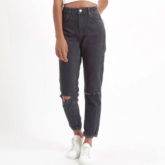 Topshop Denim - Topshop high-rise black moto distressed mom jeans